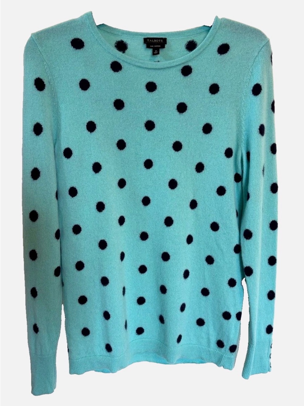 Talbots 100% Cashmere Polka Dot Sweater M Mint Green Navy Button Cuff Crewneck
